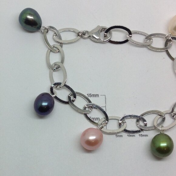 Sterling Silver Multi Color Teardrop Freshwater Pearl Bracelet - Picture 4 of 4
